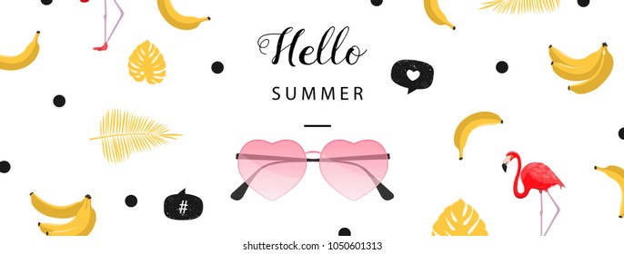 Hello Summer banner. Flat style summer background. Trendy summer wallpaper with fruit. Vector illustration