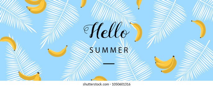 Hello Summer banner. Flat style summer background. Trendy summer wallpaper with fruit. Vector illustration