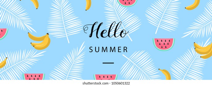 Hello Summer banner. Flat style summer background. Trendy summer wallpaper with fruit. Vector illustration
