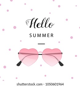 Hello Summer Banner. Flat Style Summer Background. Trendy Summer Wallpaper With Heart Shape Sunglasses. Vector