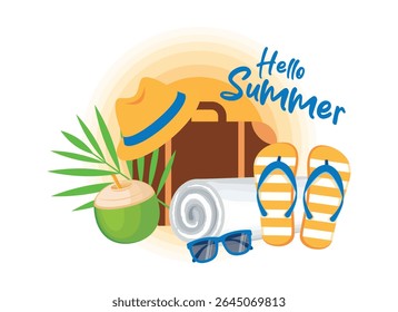 Hello summer banner with flip flops, towel, suitcase, sunglasses and coconut drink vector illustration. Hat, blue sunglasses and palm leaf vector. Tropical vacation and travel design element
