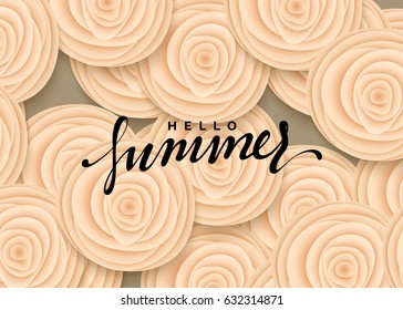 Hello summer banner. Flowers beautiful roses in the style of paper art vector illustration