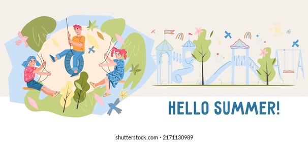 Hello summer banner or flyer design with happy children on swing, flat cartoon vector illustration. Kids camp and summer entertainments promo banner layout.