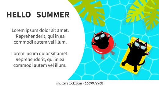 Hello Summer banner flyer. Pool party. Black cat floating on float water circle yellow mattress. Top air view. Sunglasses. Swimming water. Cute cartoon character. Palm tree leaf. Flat design. Vector