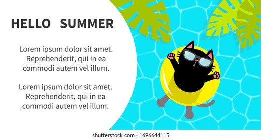 Hello Summer banner flyer. Pool party. Black cat floating on yellow pool float water circle. Top air view. Sunglasses. Swimming water. Cute cartoon relaxing character Palm tree leaf Flat design Vector