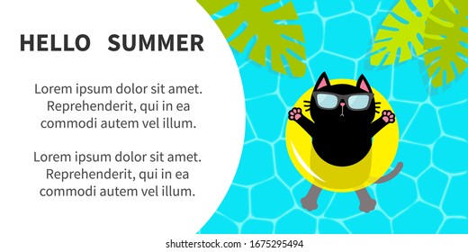 Hello Summer banner flyer. Swimming water. Pool party. Black cat floating on yellow pool float water circle. Top air view. Sunglasses. Cute cartoon relaxing character Palm tree leaf Flat design Vector