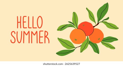 Hello Summer banner com folhas laranja e verde fresco no fundo amarelo claro. Histórico da temporada de verão. Letras desenhadas à mão. Ilustração plana vetorial para venda sazonal, promoção, cartaz.