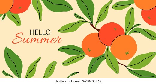 Hello Summer banner com laranjas frescas e folhas verdes sobre fundo amarelo claro. Histórico da temporada de verão. Ilustração de vetor plano brilhante para venda sazonal, promoção, cartaz, convite.
