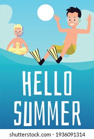 Hello summer banner with funny kids on sea vacation, flat vector illustration.