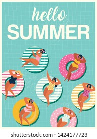 Hello Summer banner with gils on inflatable swim ring in swimming pool floats background, exotic floral design for banner, flyer, invitation, poster, web site or greeting card. Vector illustration.