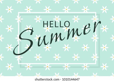 Hello summer banner. Green background with white flowers. Vector illustration