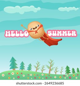 Hello summer banner or greeting card with cute super hero potato with red hero cape on green summer forest landscape background. Super vegetable kawaii food funky character