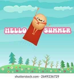 Hello summer banner or greeting card with cute super hero potato with red hero cape on green summer forest landscape background. Super vegetable kawaii food funky character