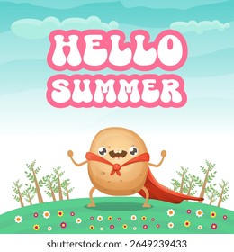 Hello summer banner or greeting card with cute super hero potato with red hero cape on green summer forest landscape background. Super vegetable kawaii food funky character