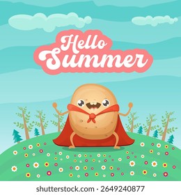 Hello summer banner or greeting card with cute super hero potato with red hero cape on green summer forest landscape background. Super vegetable kawaii food funky character