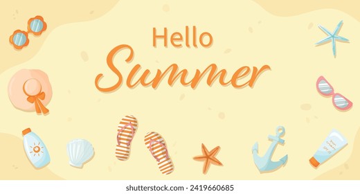 Hello summer banner. Summer greeting vector background. Hello summer text with beach accessories, flip flops, sunscreen, starfish, sunglasses, etc. Beach accessories on the sandy beach. Top View.