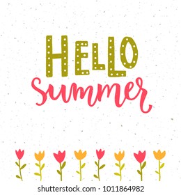 Hello summer banner with hand lettering and tulips drawing. Green and pink colors