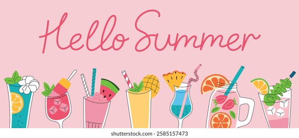 Hello summer banner with hand lettering, vector illustrations of refreshing drinks, flat cartoon doodle icons of cocktails and beverages on pink background. Bright, colorful and cheerful design