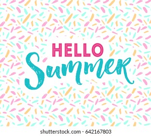 Hello summer banner with hand lettering at modern mottle texture.