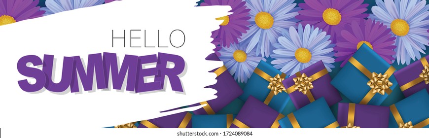 Hello Summer banner or header Blue and purple daisy flowers. Vector illustration.