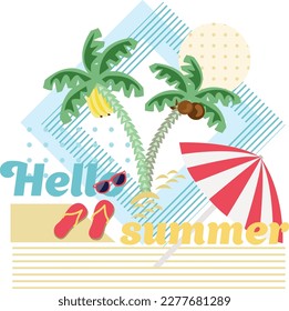 Hello summer banner, holidays, design elements, palm trees. For fabrics and textile. 