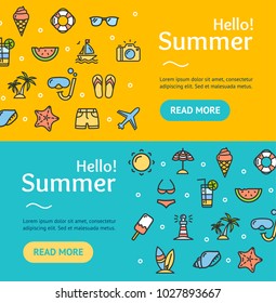 Hello Summer Banner Horizontal Set with Color Outline Icons Include of Ship, Photo, Watermelon and Palm. Vector illustration