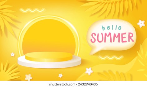 Hello summer banner for hot season with 3d podium and round neon lighting for display new products on yellow background with tropical leaves.Promotion,offers,presentations and shopping template.Vector