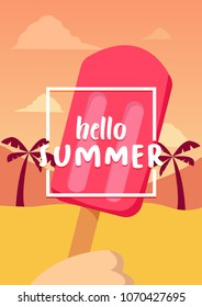 Hello Summer banner with ice cream on beach background. Vector illustration
