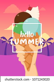 Hello Summer banner with ice cream on beach background. Vector illustration