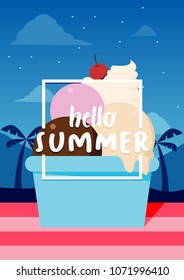 Hello Summer banner with ice cream on beach background. Vector illustration