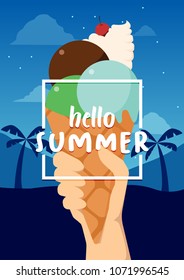 Hello Summer banner with ice cream on beach background. Vector illustration