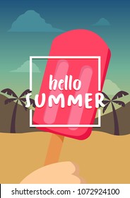 Hello Summer banner with ice cream on beach background. Vector illustration