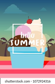 Hello Summer banner with ice cream on beach background. Vector illustration