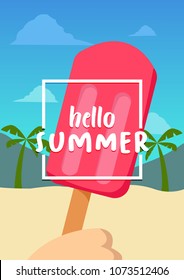 Hello Summer banner with ice cream on beach background. Vector illustration