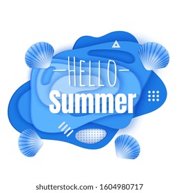 Hello summer banner, illustration card with background with deep yellow color paper cut shapes, summer party background template for greeting cards, Vector EPS 10