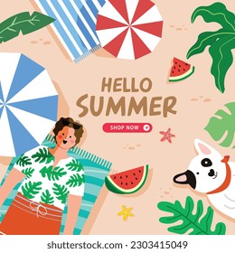 hola ilustración de banner de verano. Cartel, humano, perro, sandía en la playa