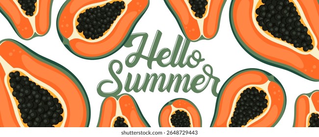 Hello Summer banner com mamão suculento. Para um design sazonal alegre e fresco