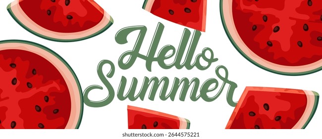 Hello Summer banner with juicy watermelon slices. For a cheerful and fresh seasonal design