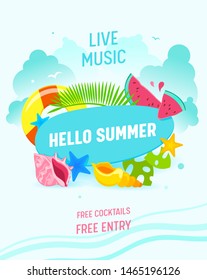 Hello Summer Banner, Live Music Flyer, Invitation, Summertime Items Palm Leaves, Starfish, Lifebuoy, Watermelon Pieces and Colorful Shells. Greeting Card, Beach Party Cartoon Flat Vector Illustration