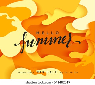 Hello Summer banner. Melted 3D colorful background in style paper art. Bright poster summer sale. vector illustration