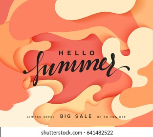 Hello Summer banner. Melted 3D colorful background in style paper art illustration. Bright poster summer sale. Vector illustration