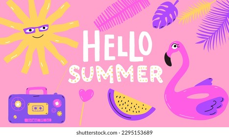 Hello summer banner, modern bright cool illustrations. Flamingo swimming trunk, retro boombox, tropical leaves, sum and candies. Vector stickers y2k style.