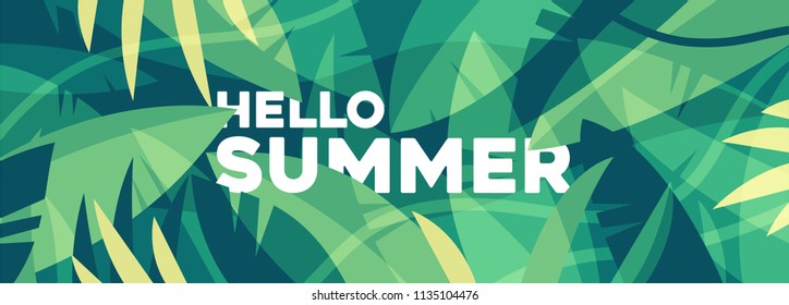 Hello summer banner, summer mood. Tropical background with colorful palm leaves. Jungles vector illustration.