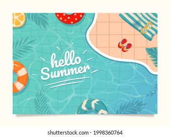 Hello Summer banner on beautiful pool background with a buoy, and fruits. Premium Vector