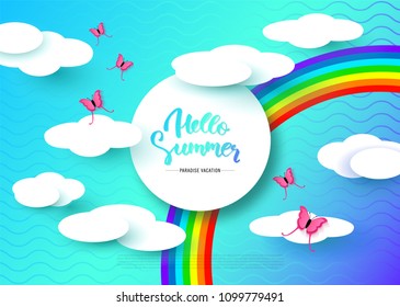 Hello Summer banner with paper clouds, butterflies and rainbow. Vector illustration