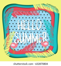Hello summer banner with paper cut background