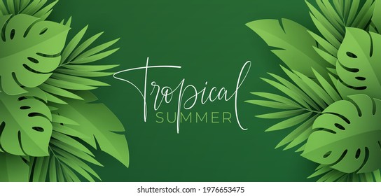 Hello Summer banner. Paper-cut green tropical leaves of palm, monstera. Summer background with tropical plant leaf. Vector illustration EPS10