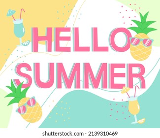 Hello summer banner. Pineapple and smoothies, plant elements. Summer seasonal wallpaper. Modern style. Vector illustration