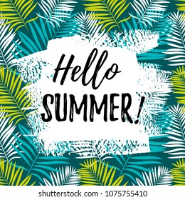 Hello summer banner. Place for text. Tropical leaves seamless pattern. Summer design.