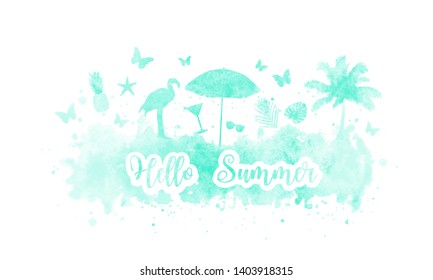 Hello summer banner, postcard. Watercolor splash background and summer silhouettes of palm tree, flamingo, sunglasses and tropical leaves. Vector illustration